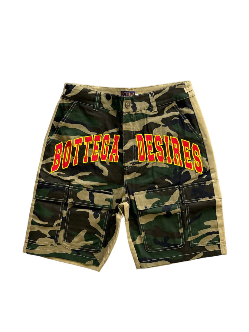BOTTEGA DESIRES CAMO CARGO SHORTS